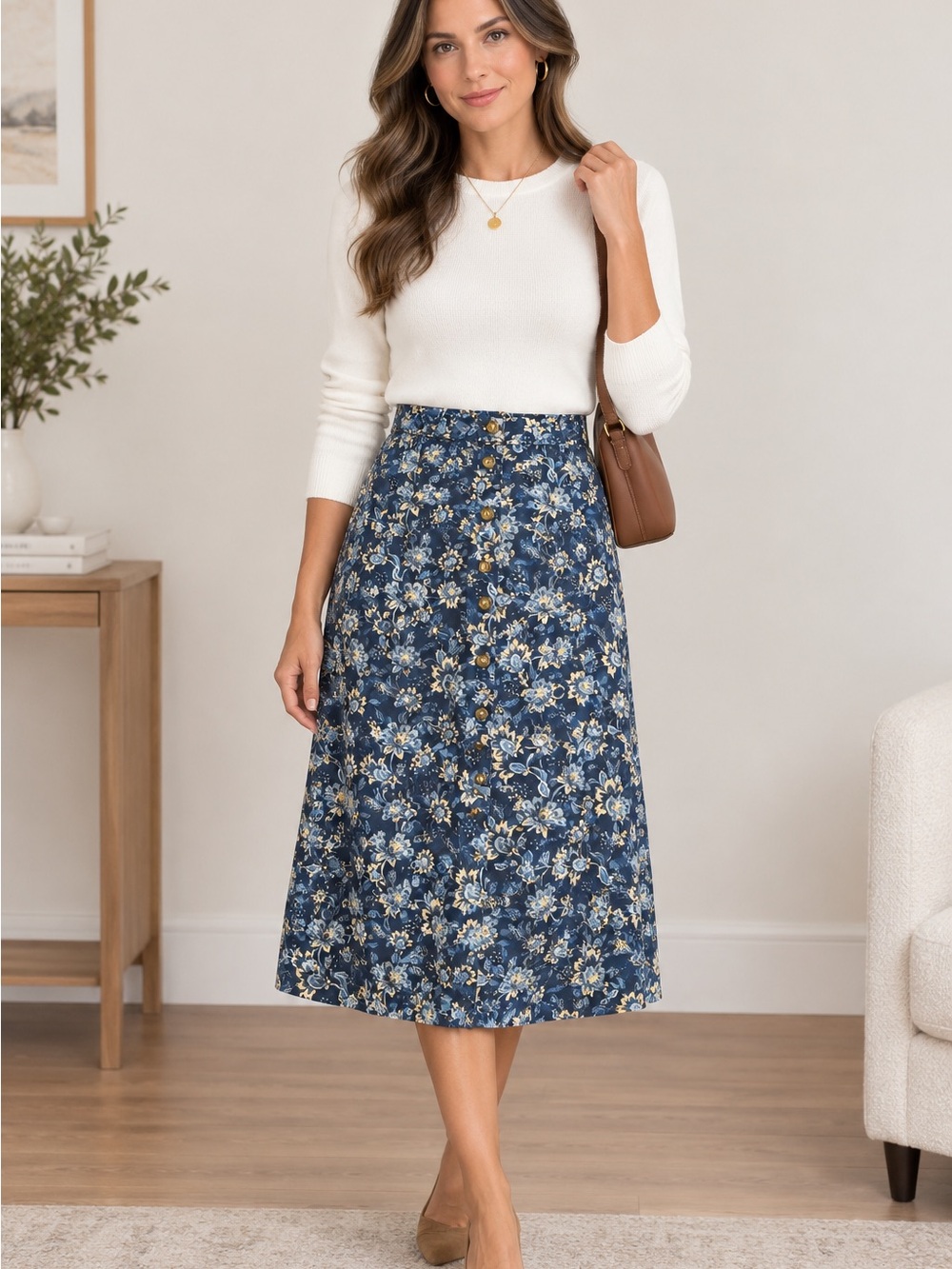LOFT Blue Floral Midi Skirt cotton blend